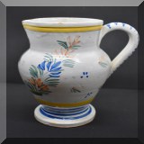 P51. Quimper style pitcher. No mark. Repaired. 8”h - $22 